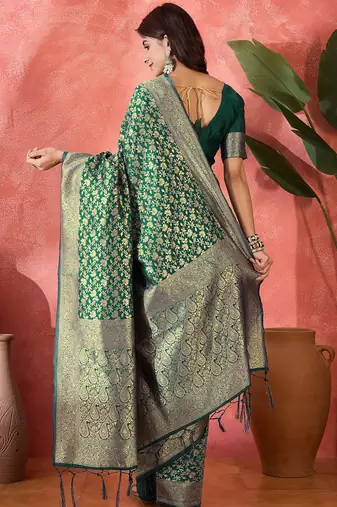 green banarasi art silk saree with elegant weaving motifs 