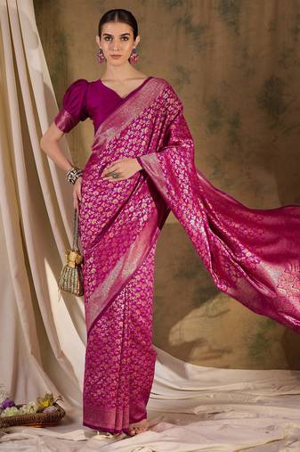 pink banarasi art silk saree with graceful weaving accents 