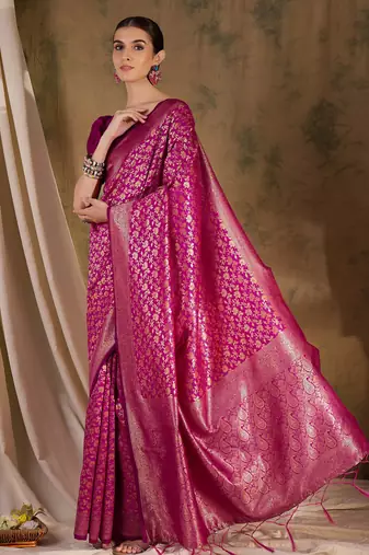 pink banarasi art silk saree with graceful weaving accents 