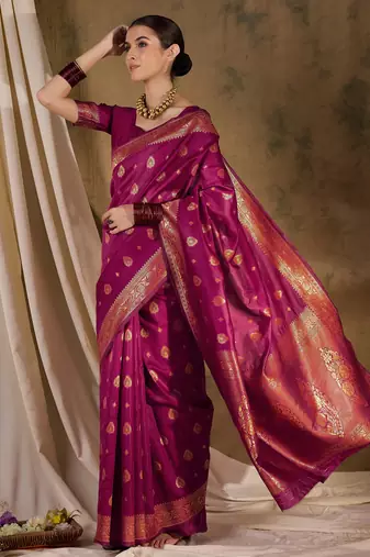 magenta banarasi art silk saree with eye-catching weaving design 