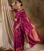 magenta banarasi art silk saree with eye-catching weaving design 