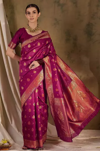 magenta banarasi art silk saree with eye-catching weaving design 