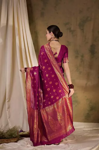 magenta banarasi art silk saree with eye-catching weaving design 