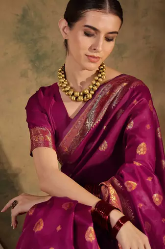 magenta banarasi art silk saree with eye-catching weaving design 