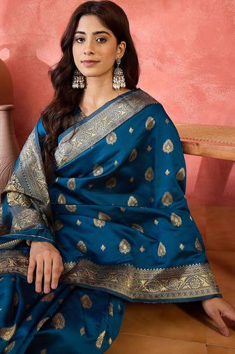 teal blue banarasi art silk saree with refined weaving craftsmanship 