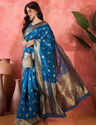 teal blue banarasi art silk saree with refined weaving craftsmanship  2