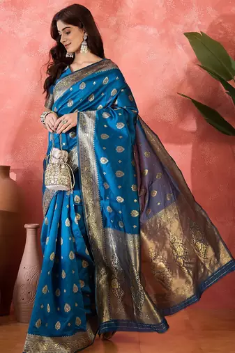 teal blue banarasi art silk saree with refined weaving craftsmanship 