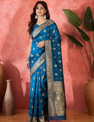 teal blue banarasi art silk saree with refined weaving craftsmanship  3