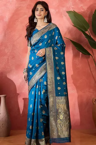 teal blue banarasi art silk saree with refined weaving craftsmanship 