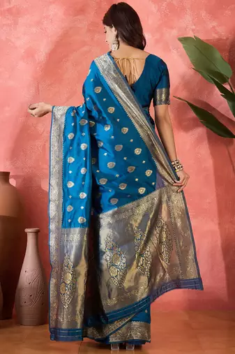 teal blue banarasi art silk saree with refined weaving craftsmanship 