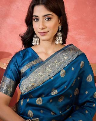 teal blue banarasi art silk saree with refined weaving craftsmanship  5