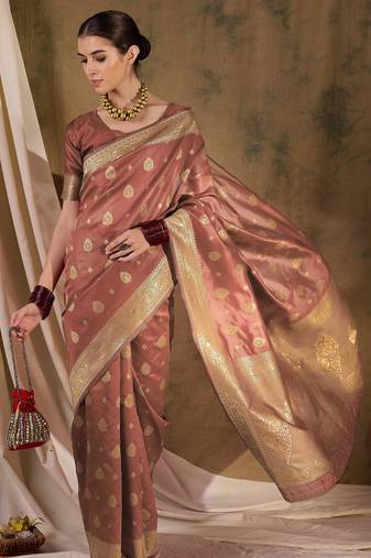peach banarasi art silk saree with glamorous weaving embellishments 