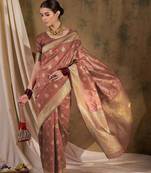 peach banarasi art silk saree with glamorous weaving embellishments 