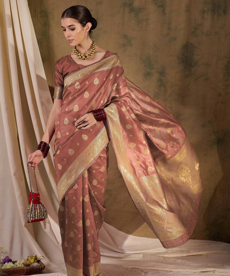 peach banarasi art silk saree with glamorous weaving embellishments 