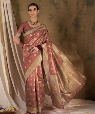 peach banarasi art silk saree with glamorous weaving embellishments  2
