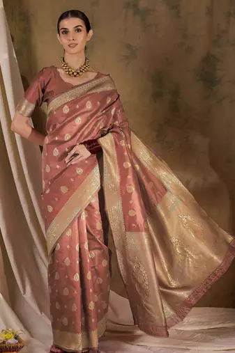 peach banarasi art silk saree with glamorous weaving embellishments 