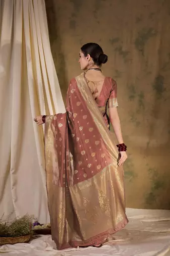 peach banarasi art silk saree with glamorous weaving embellishments 