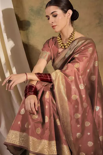 peach banarasi art silk saree with glamorous weaving embellishments 