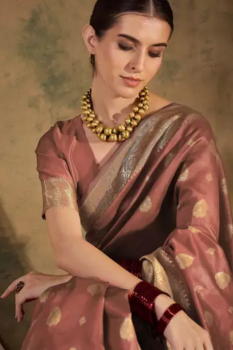 peach banarasi art silk saree with glamorous weaving embellishments 