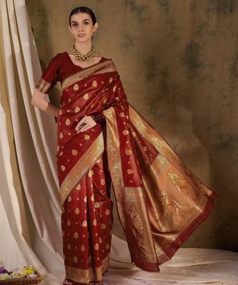 maroon banarasi art silk saree with regal weaving highlights  1
