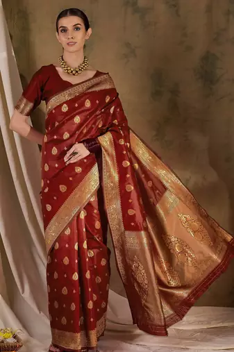 maroon banarasi art silk saree with regal weaving highlights 