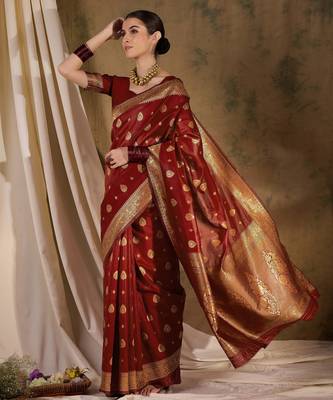 maroon banarasi art silk saree with regal weaving highlights  2