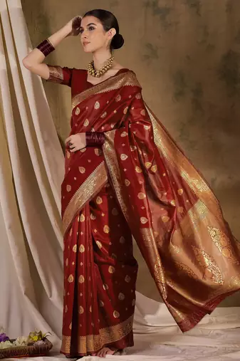 maroon banarasi art silk saree with regal weaving highlights 