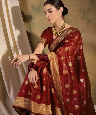 maroon banarasi art silk saree with regal weaving highlights  3