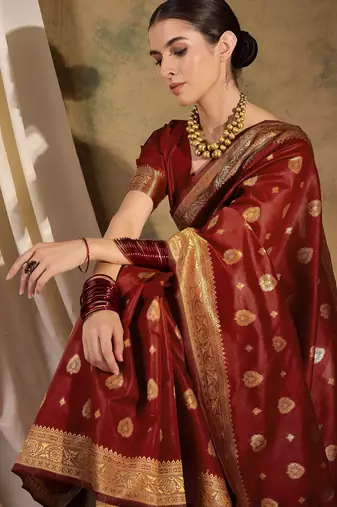 maroon banarasi art silk saree with regal weaving highlights 