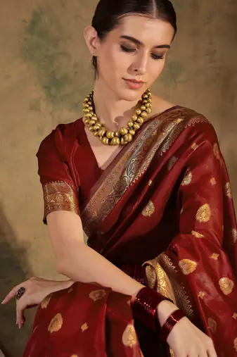 maroon banarasi art silk saree with regal weaving highlights 