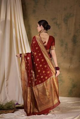 maroon banarasi art silk saree with regal weaving highlights  5