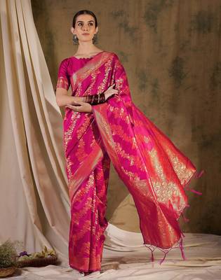 gorgeous pink banarasi art silk saree with alluring weaving art  1