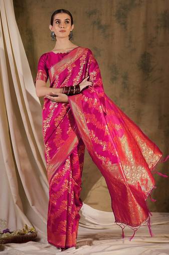 gorgeous pink banarasi art silk saree with alluring weaving art 