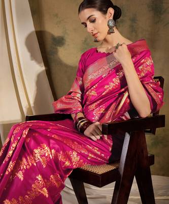 gorgeous pink banarasi art silk saree with alluring weaving art  2
