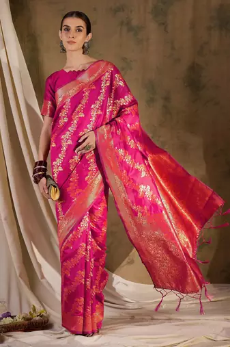 gorgeous pink banarasi art silk saree with alluring weaving art 