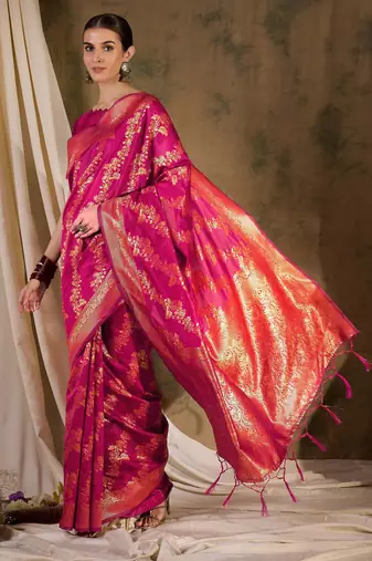 gorgeous pink banarasi art silk saree with alluring weaving art 