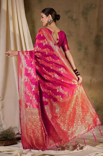 gorgeous pink banarasi art silk saree with alluring weaving art 