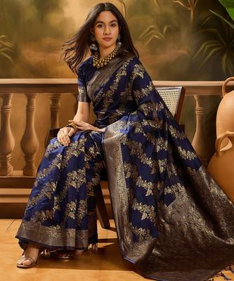 navy blue banarasi art silk saree with traditional weaving appeal  1