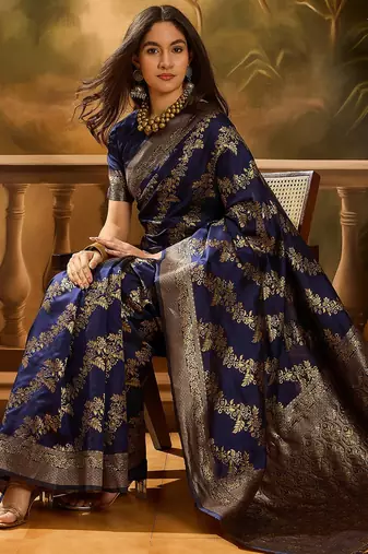 navy blue banarasi art silk saree with traditional weaving appeal 