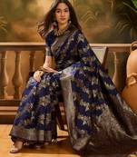 navy blue banarasi art silk saree with traditional weaving appeal 
