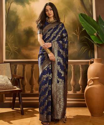 navy blue banarasi art silk saree with traditional weaving appeal  2