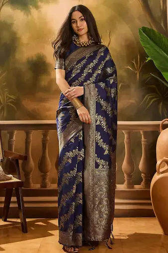 navy blue banarasi art silk saree with traditional weaving appeal 