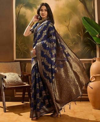navy blue banarasi art silk saree with traditional weaving appeal  3