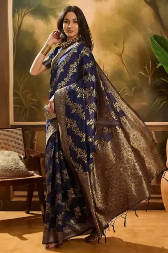 navy blue banarasi art silk saree with traditional weaving appeal 