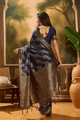 navy blue banarasi art silk saree with traditional weaving appeal 
