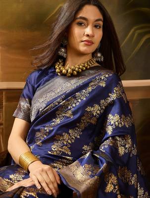 navy blue banarasi art silk saree with traditional weaving appeal  5