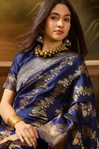 navy blue banarasi art silk saree with traditional weaving appeal 