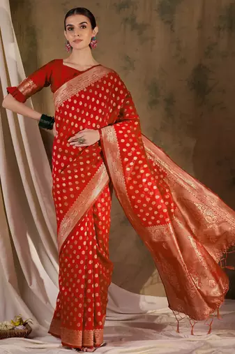 bright red banarasi art silk saree with statement weaving work 