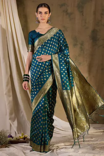 teal blue banarasi art silk saree with sophisticated weaving details 