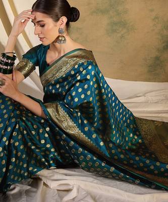 teal blue banarasi art silk saree with sophisticated weaving details  3